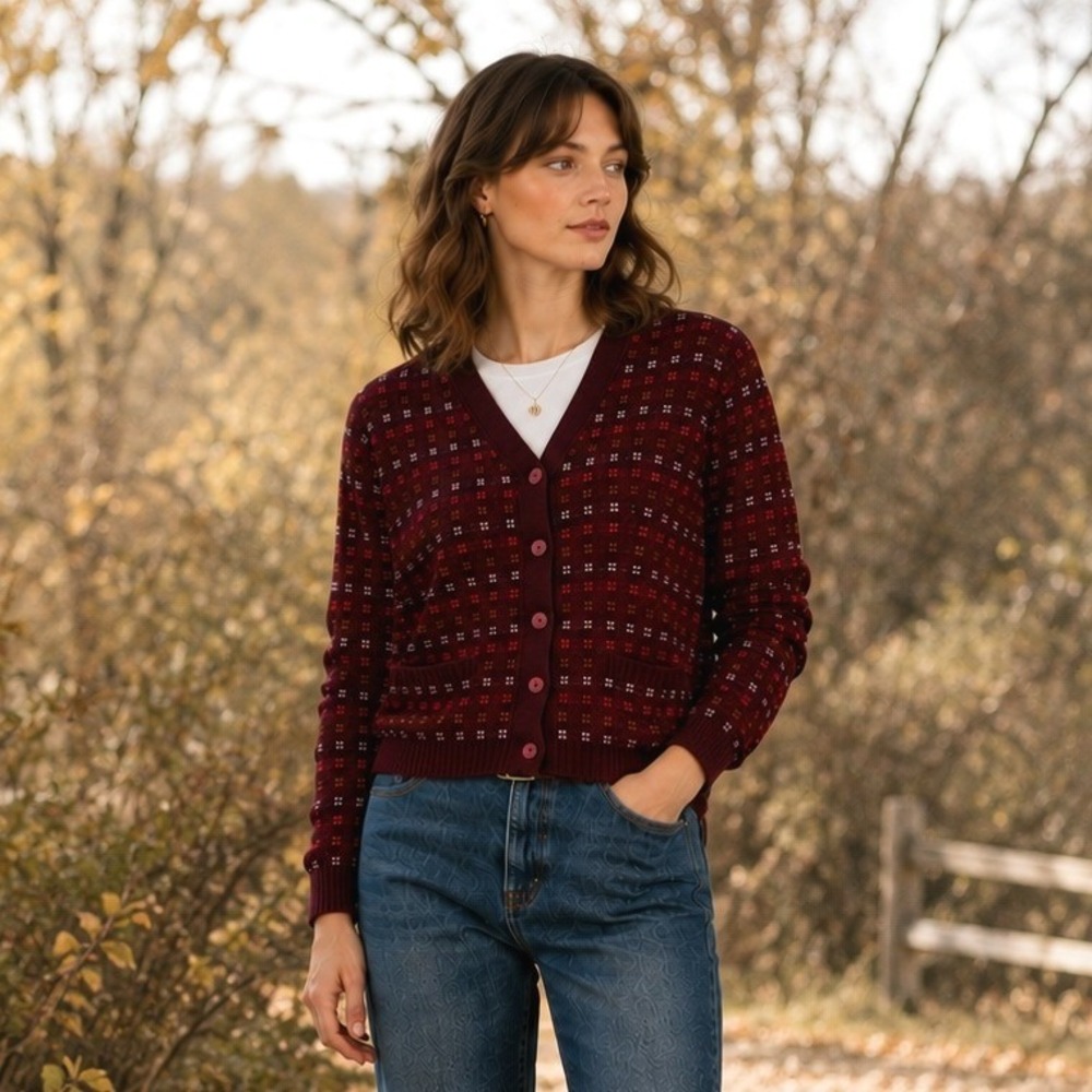 Vintage Womens Lambswool Cardigan S M Burgundy Birdseye Grandpa Sweater British